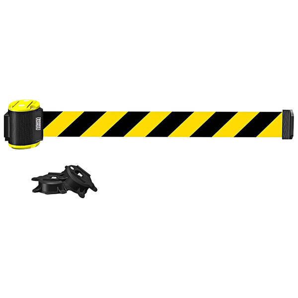 A yellow and black diagonal striped Banner Stakes wall mount barrier with a magnet.