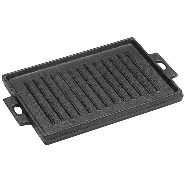 An American Metalcraft black rectangular cast iron griddle with handles.