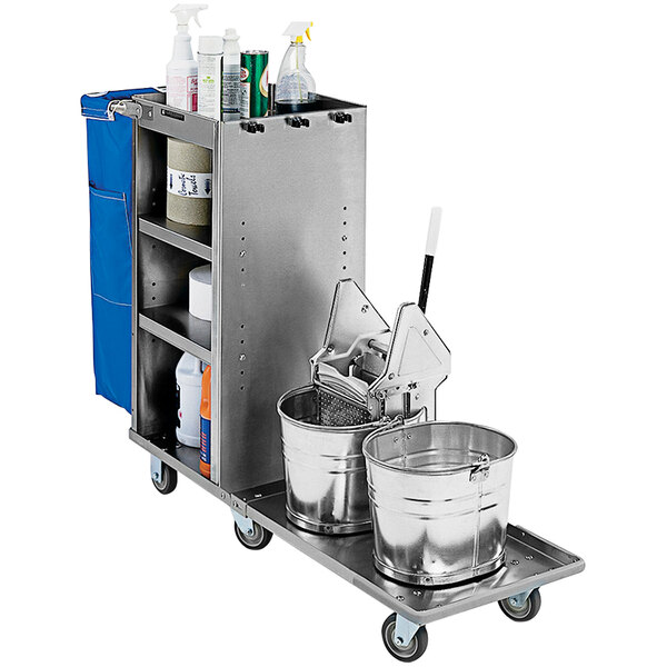 A stainless steel Lakeside housekeeping cart with buckets on it.