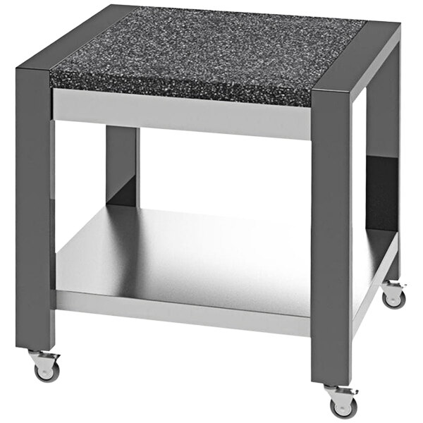 A black and silver stainless steel Lakeside mobile serving table with wheels.