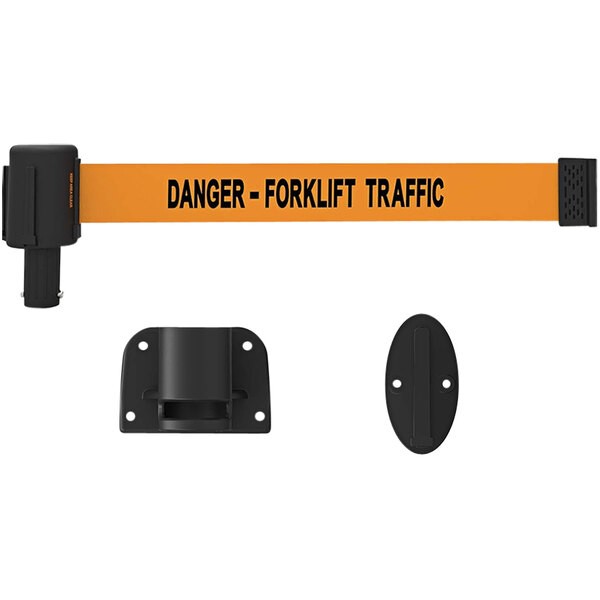An orange and black Banner Stakes wall mount system with a black oval sign reading "Danger Forklift Traffic" 