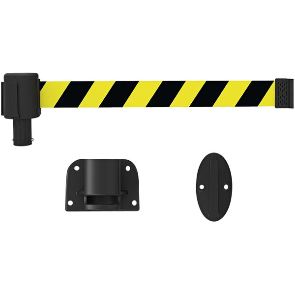 A Banner Stakes yellow and black retractable belt with a black metal wall mount plate.