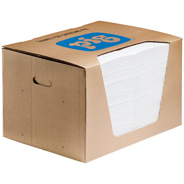 A white and blue cardboard box of New Pig Oil-Only Absorbent Mat Pads.
