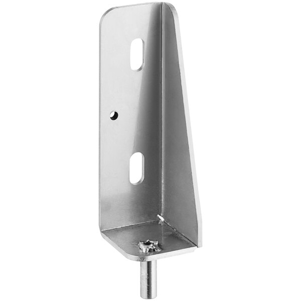 An Avantco stainless steel metal bracket with holes and a screw on the side.