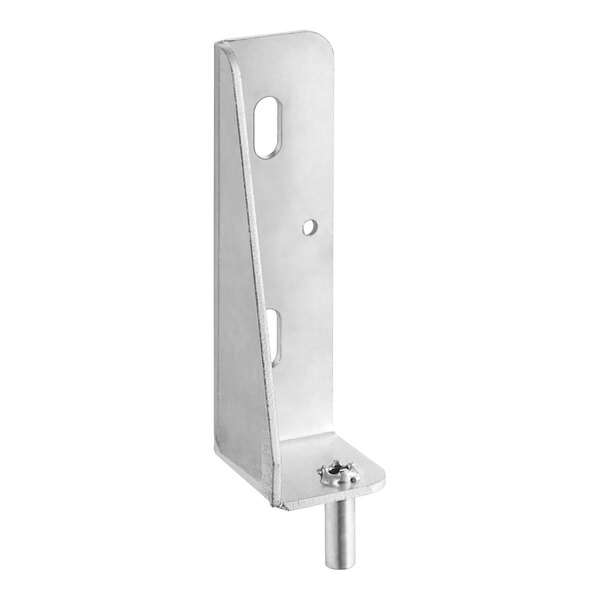 A stainless steel Avantco hinge bracket with holes and a screw on the side.
