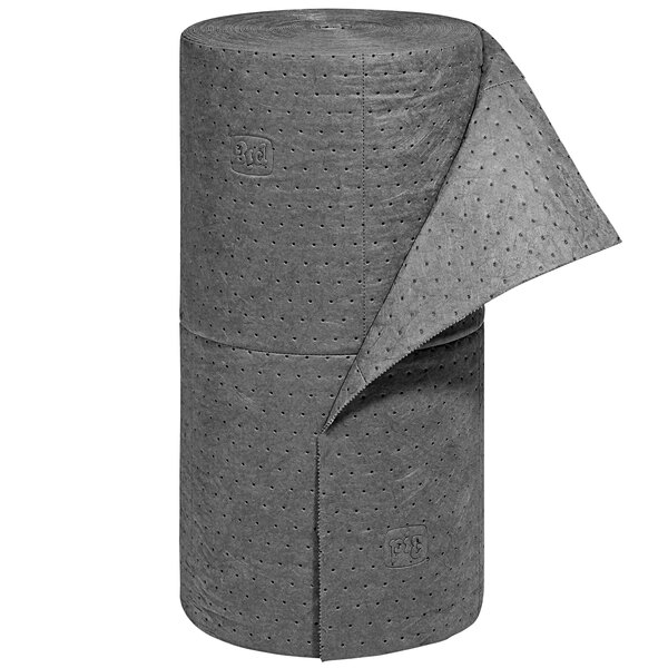 A roll of grey fabric with a hole in it.