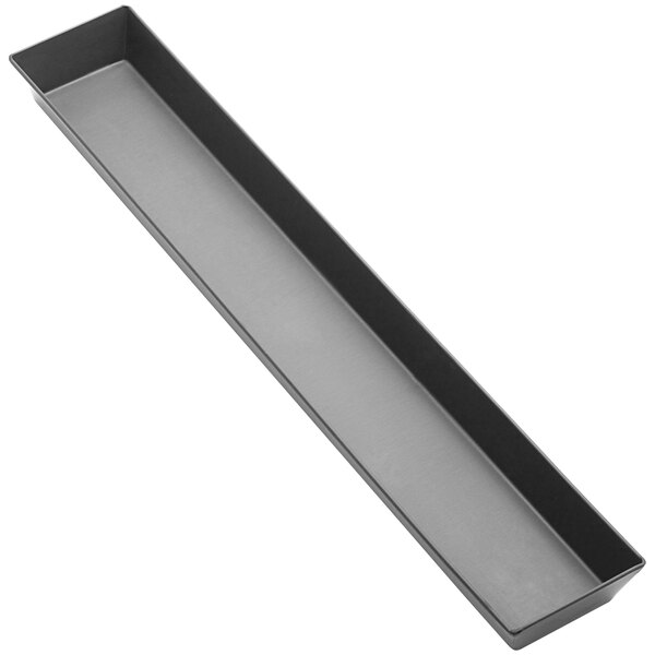 An American Metalcraft rectangular black aluminum baking tray with a handle.