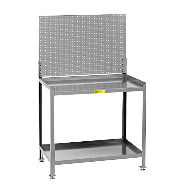A grey metal Little Giant steel workbench with 2 shelves and pegboard.