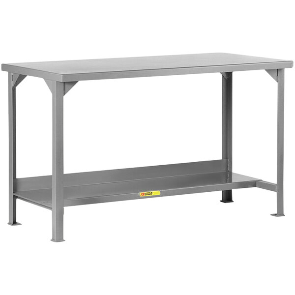 A grey Little Giant steel workbench with 2 shelves.