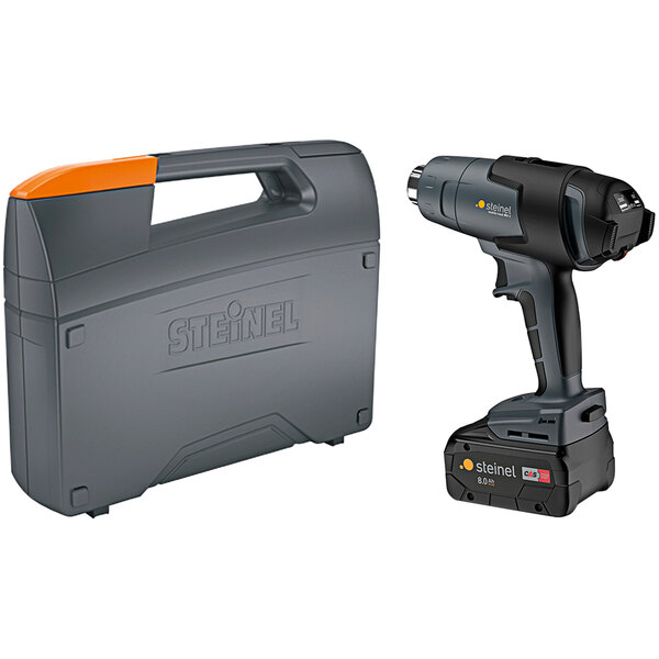 A grey and orange plastic case with a black and grey cordless heat gun inside.
