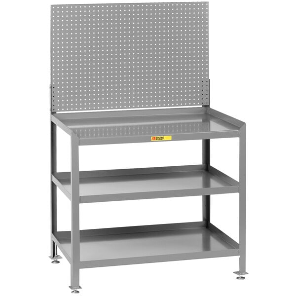A grey metal Little Giant steel workstation with shelves and pegboard.