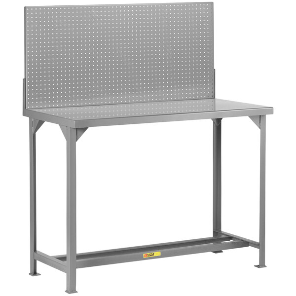 A grey Little Giant steel workbench with a perforated top and pegboard.