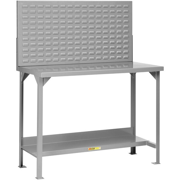 A grey steel Little Giant workbench with 2 shelves and a louvered back panel.