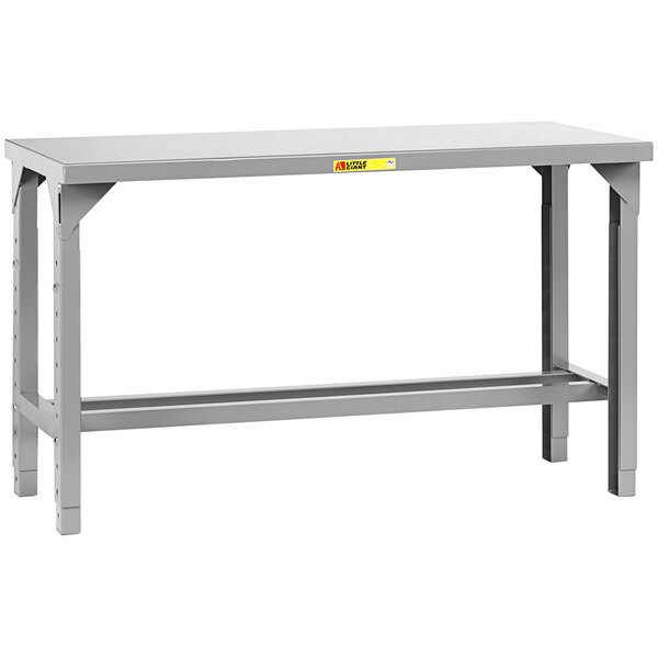 A grey Little Giant steel workbench with adjustable legs and a shelf on top.