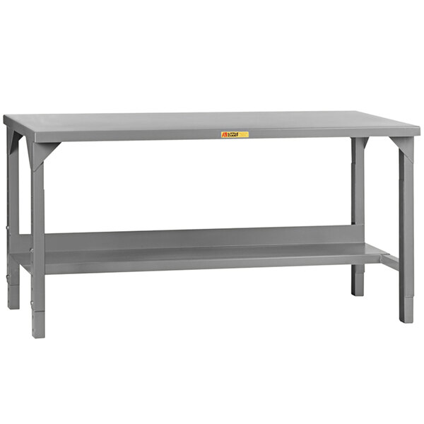 A grey Little Giant steel workbench with shelves.