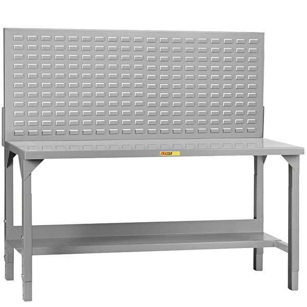 A grey metal work bench with 2 shelves and a louvered panel.