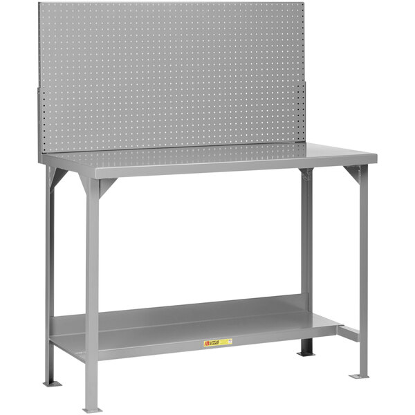 A grey metal Little Giant steel workbench with 2 shelves and pegboard.