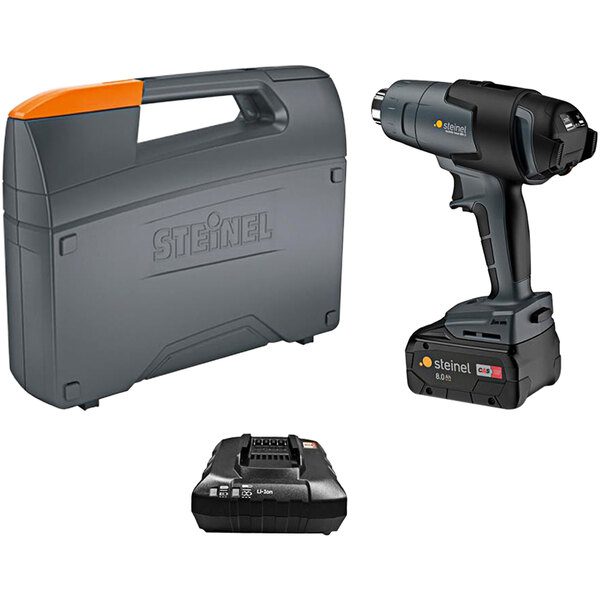 A black and grey Steinel cordless heat gun, battery, charger, and case.