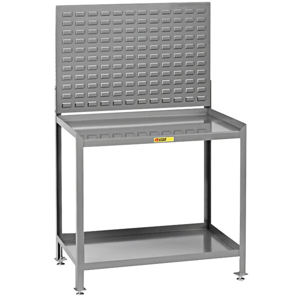 A grey metal Little Giant steel work bench with 2 shelves.