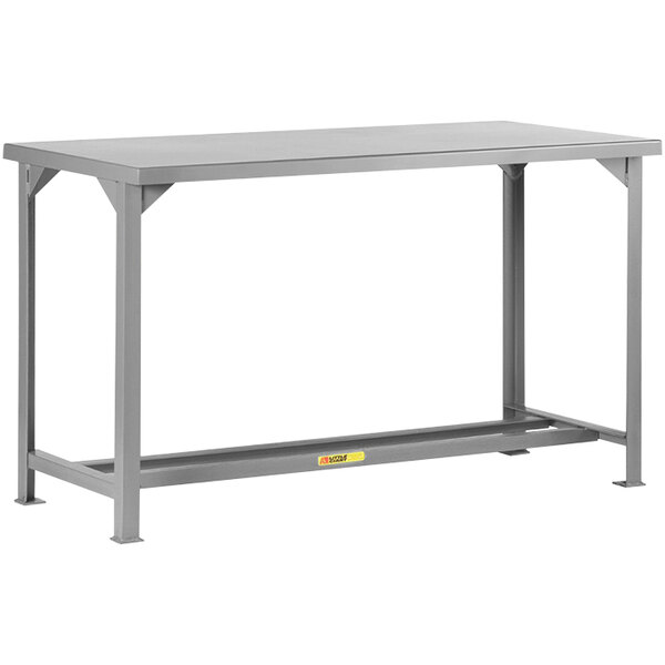 A grey Little Giant steel workbench with legs and a metal top.