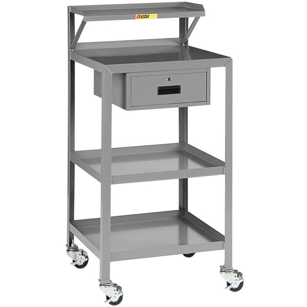 A grey metal Little Giant shop desk cart with a drawer on wheels.
