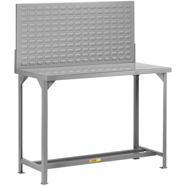 A grey steel workbench with a grey steel back panel.