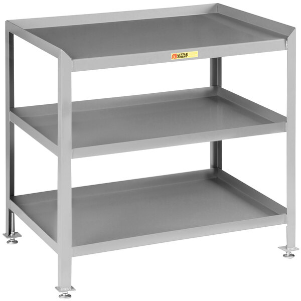 A grey Little Giant steel workstation with three shelves and wheels.