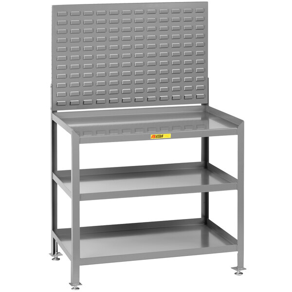 A grey Little Giant metal workstation with shelves and a louvered back panel.