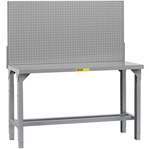 A Little Giant grey metal workbench with pegboard.