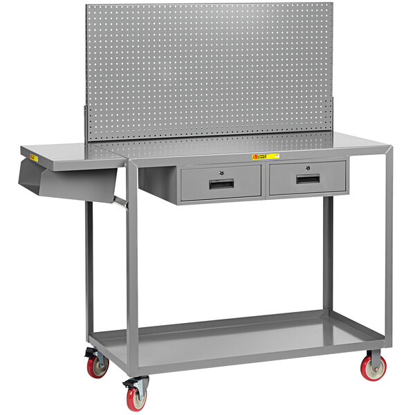 A gray Little Giant mobile steel workstation with 2 shelves and 2 drawers.