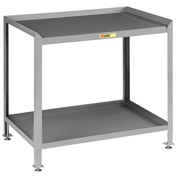 A grey steel Little Giant workstation with two shelves.