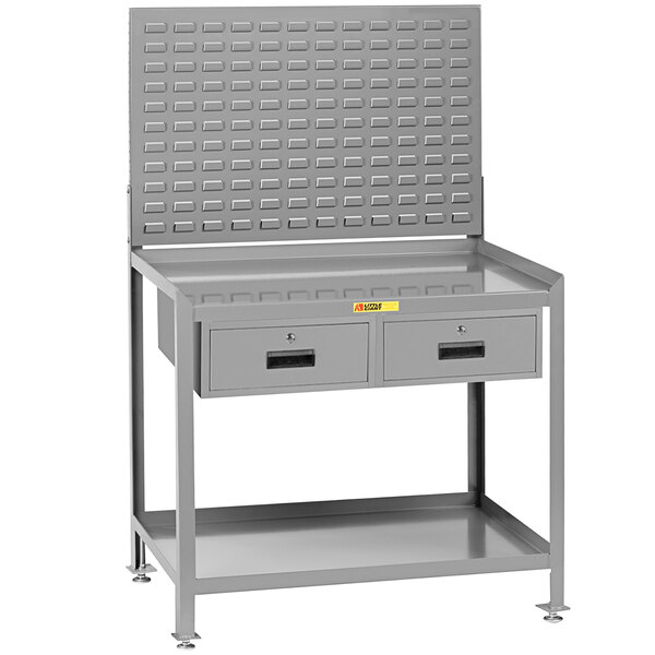 A grey metal Little Giant steel workbench with two drawers.