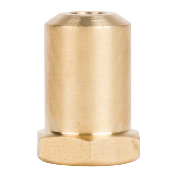 A gold metal cylindrical burner orifice with a brass nut.