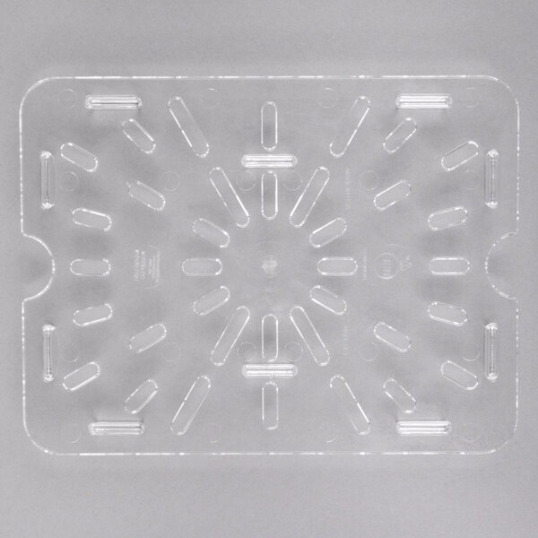 A Carlisle clear plastic tray with holes in it.