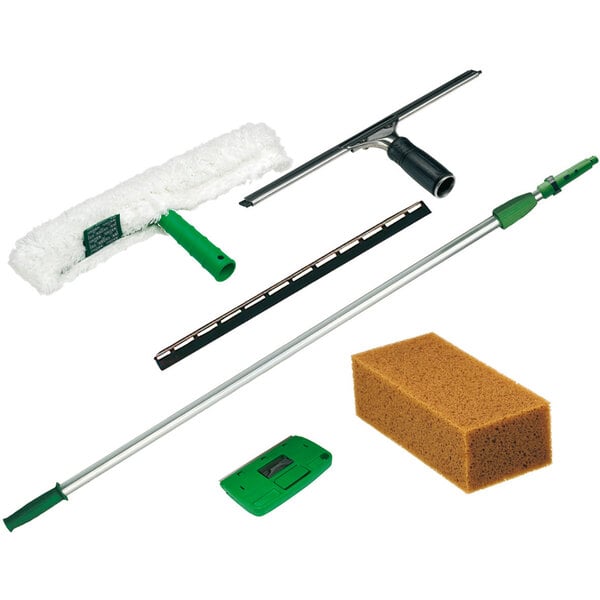 An Unger window cleaning set with a group of cleaning tools including a broom and sponge.