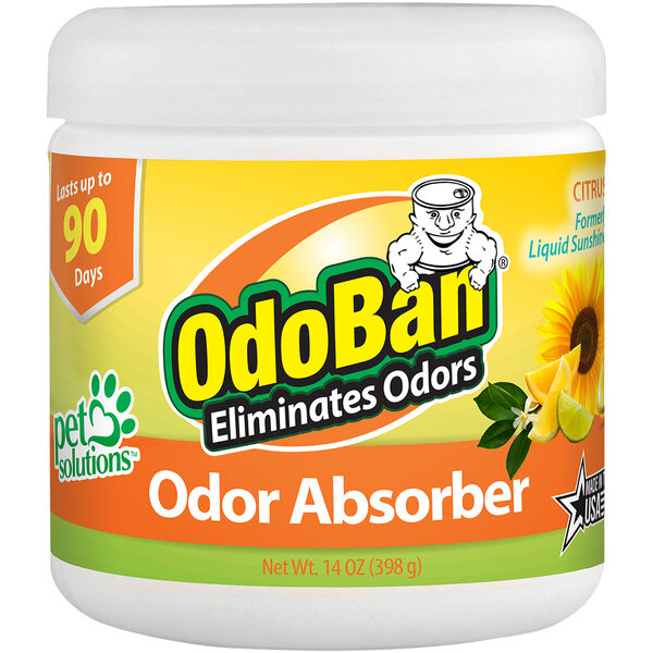 A white plastic container of OdoBan Citrus Solid Odor Absorber with a yellow label.