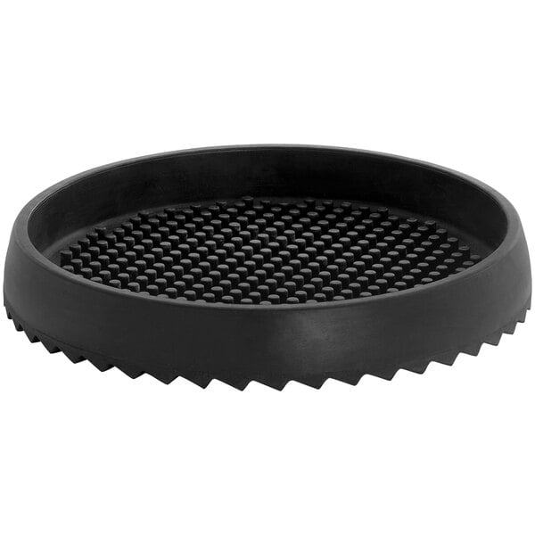 A black round Tablecraft drip tray with small holes in the bottom.