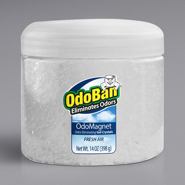 A clear container of OdoBan Fresh Air OdoMagnet gel crystals with a white lid.