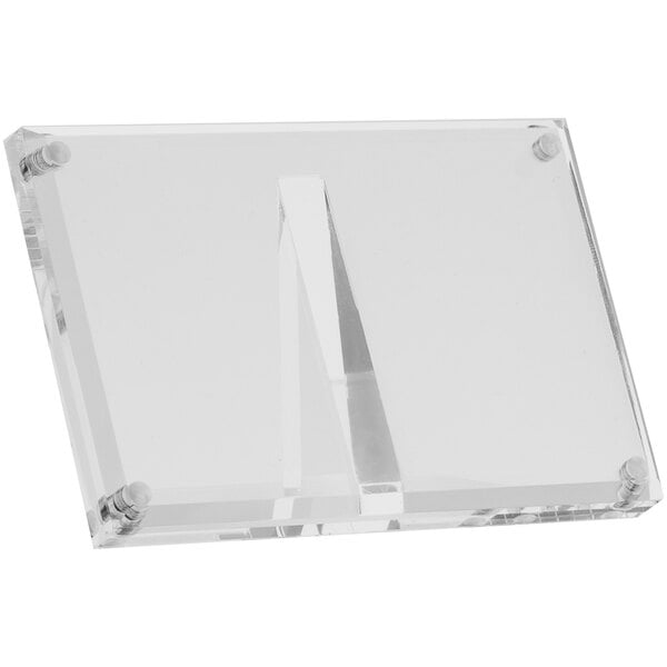 A clear plastic frame with a clear plastic base holding a white rectangular card.