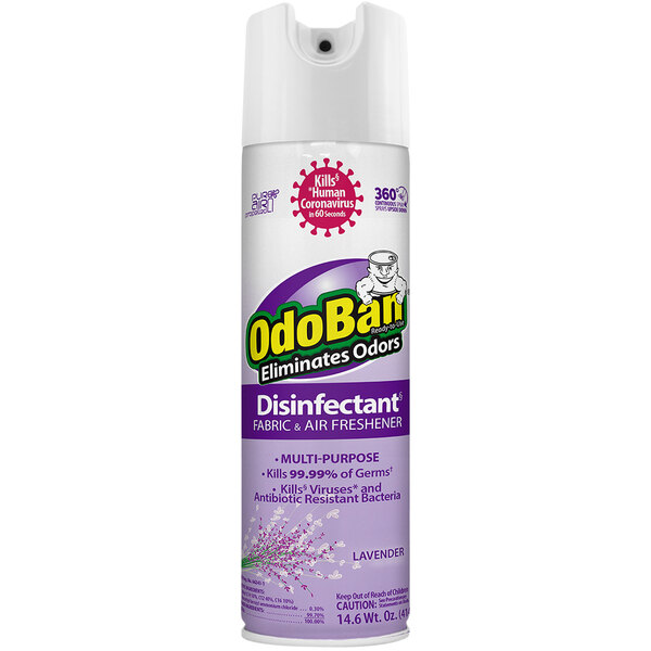 A close-up of a can of OdoBan Lavender Disinfectant spray with a purple and yellow label.