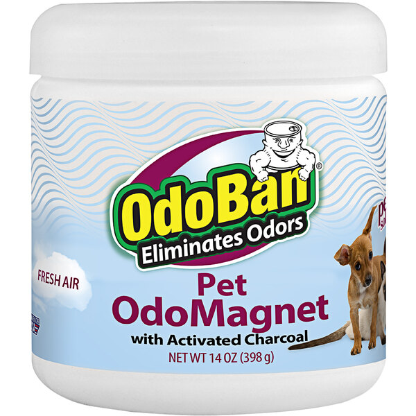 A white plastic container of OdoBan Fresh Air Pet OdoMagnet with a white label featuring a dog.