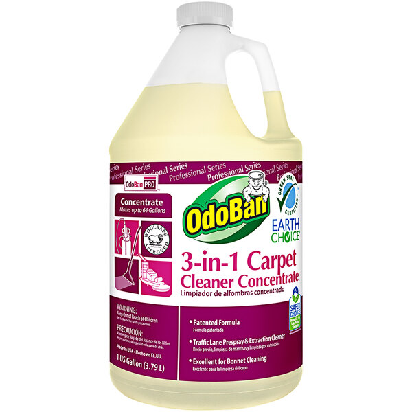 A white jug of OdoBan Earth Choice 3-in-1 Concentrated Carpet Cleaner.