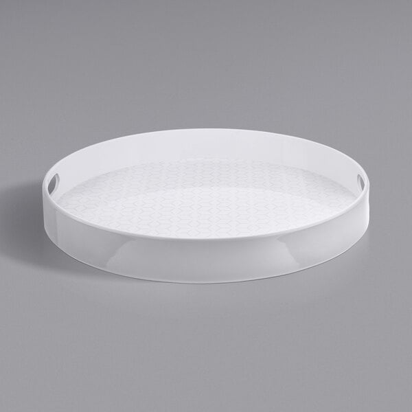 A Tablecraft Crofthouse Collection white round melamine tray with a handle.