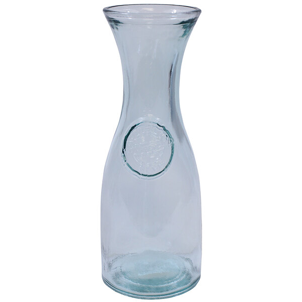 A Tablecraft green recycled glass carafe with a round design and a round hole.