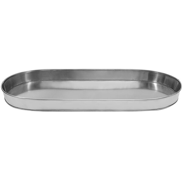 A silver stainless steel Tablecraft oval condensation tray with a handle.