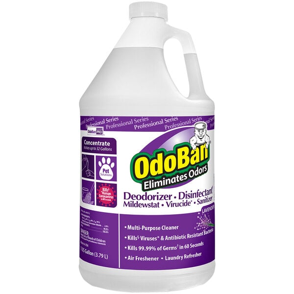 A white OdoBan jug with a purple label. The label reads "OdoBan 1 Gallon Concentrated Lavender Disinfectant / Air Freshener".