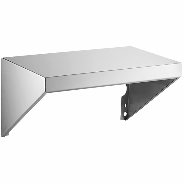 A silver rectangular stainless steel shelf with metal brackets.