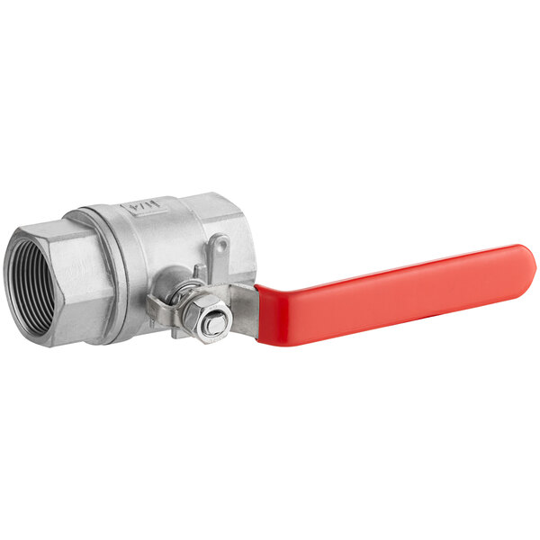 A stainless steel Backyard Pro ball valve with red handle.