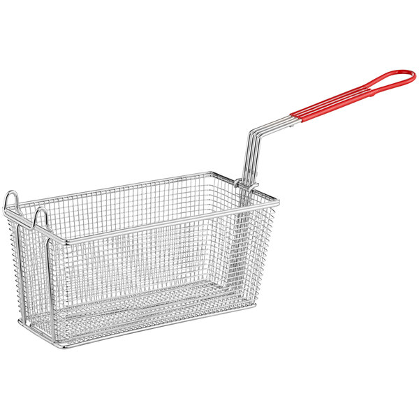 A stainless steel wire basket with a red handle for a Backyard Pro outdoor fryer.