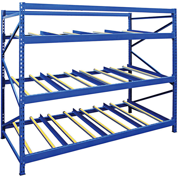 A blue steel Vestil carton rack with three levels.